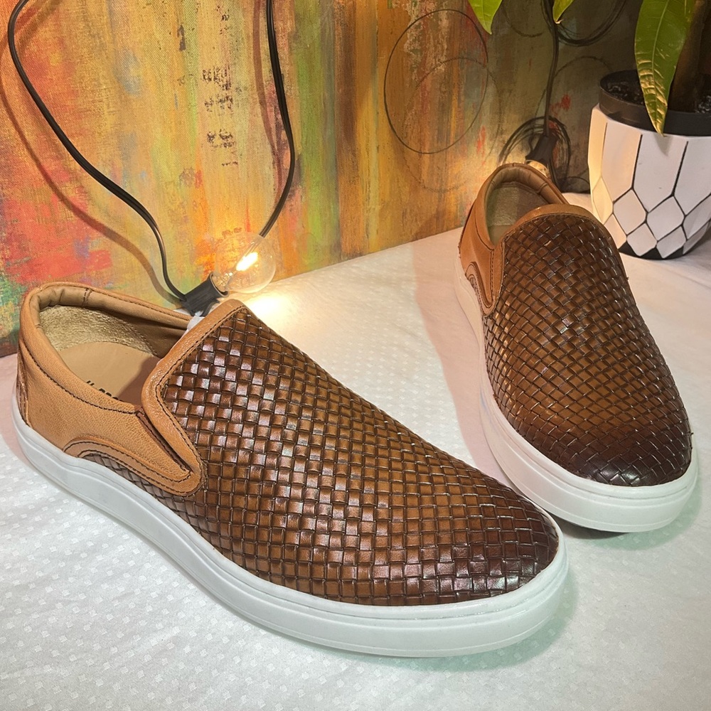 Brothers United Men's Leather Luxury Weave Slip on Sneaker, Cognac Nappa, 8.5 M